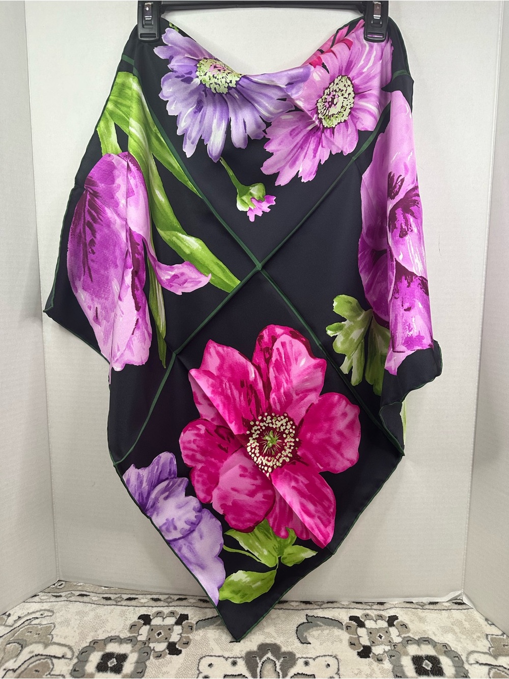 Talbots Black Floral 100% Silk Scarf with Pink & Purple Blooms